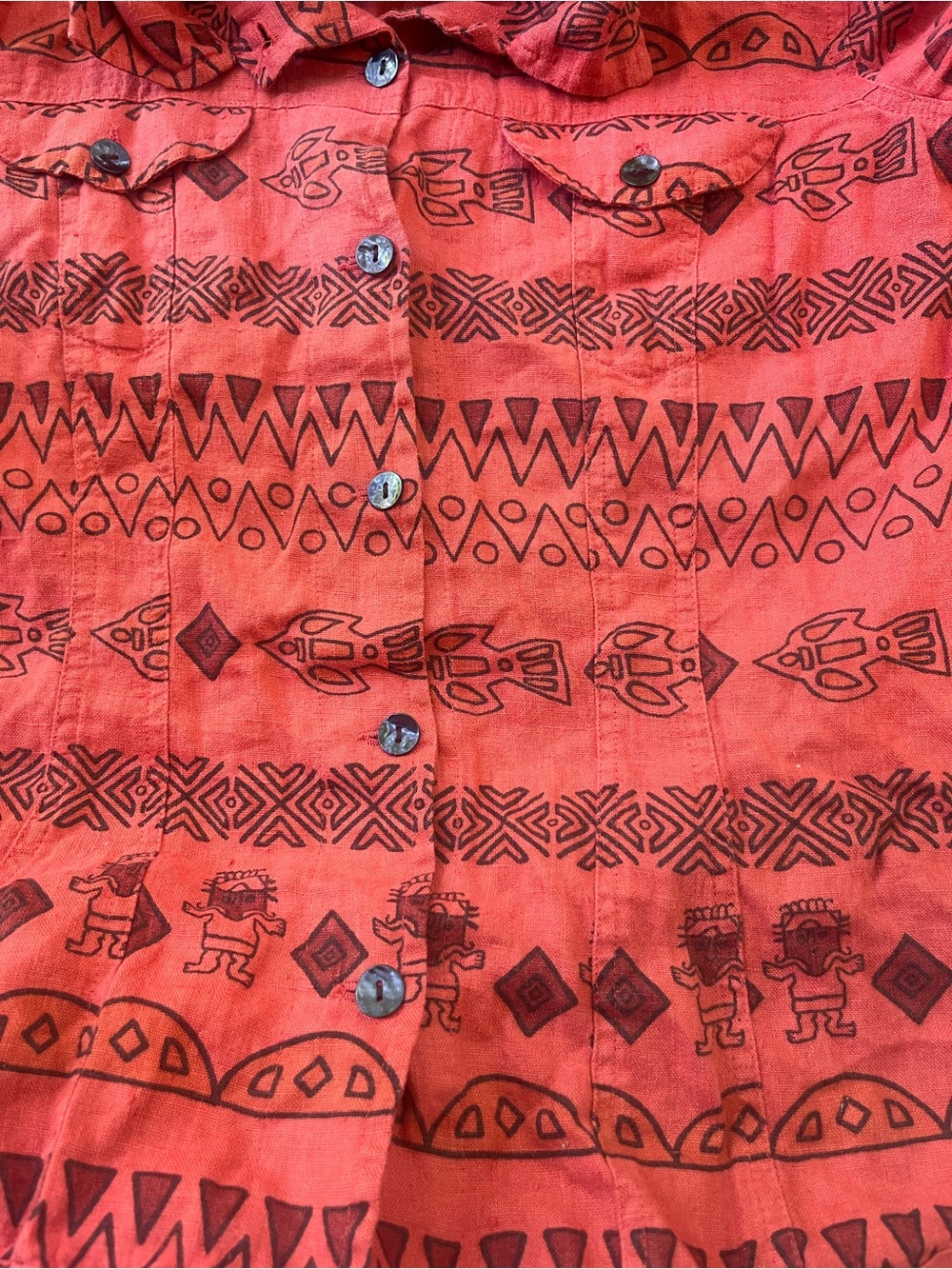 Chicos 100% Linen Shirt Sz 1 Artsy Print Retro Vtg 90s